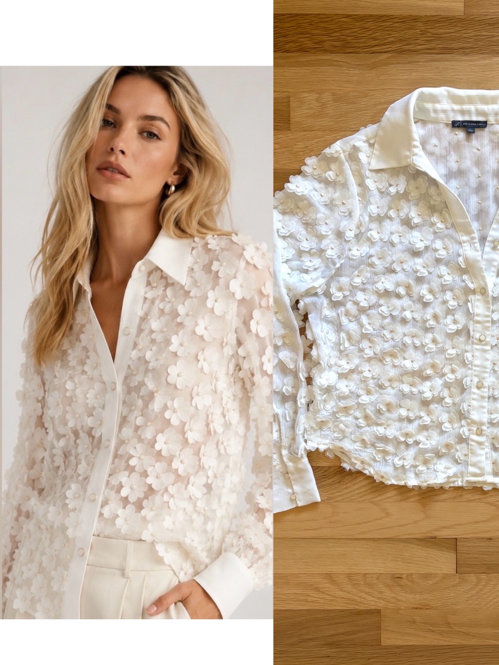 Ivory Chiffon 3D Floral Appliqué Long Sleeve Top - Dainty White Top - Size L